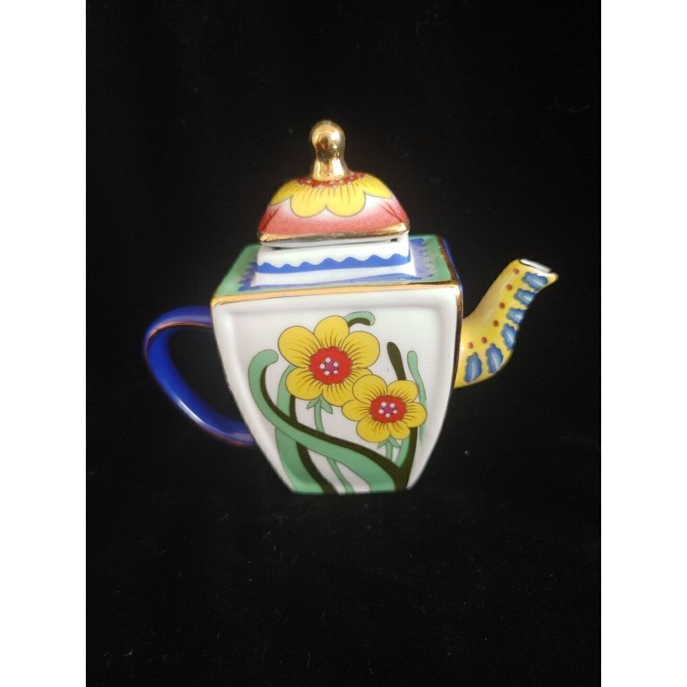 2002 Vivian Chan Collectible Tiny Tea Pot With Sun Flower and Gold Trim